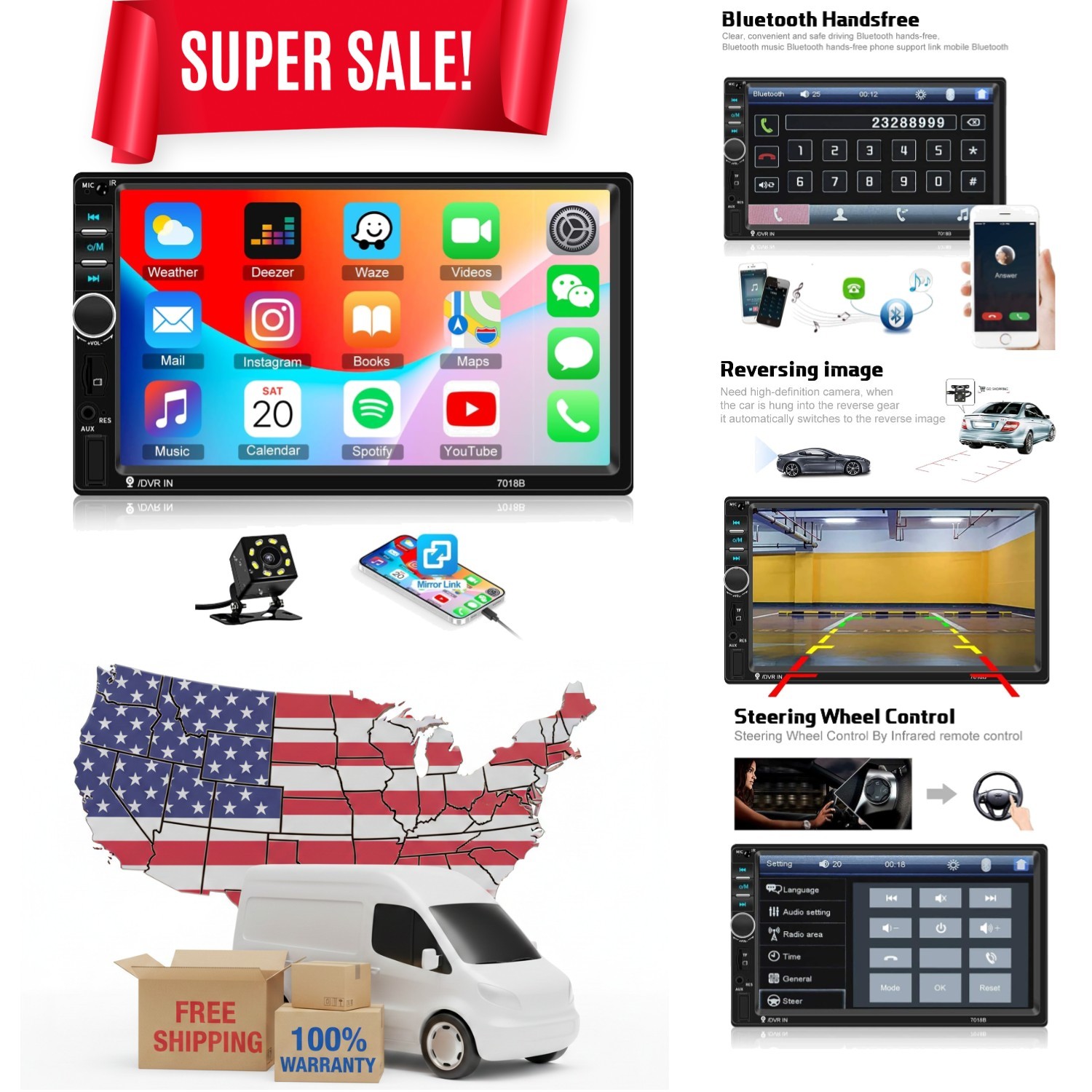 In-Dash Car Stereo with 7″ Touchscreen, Bluetooth & Rear View Camera Included