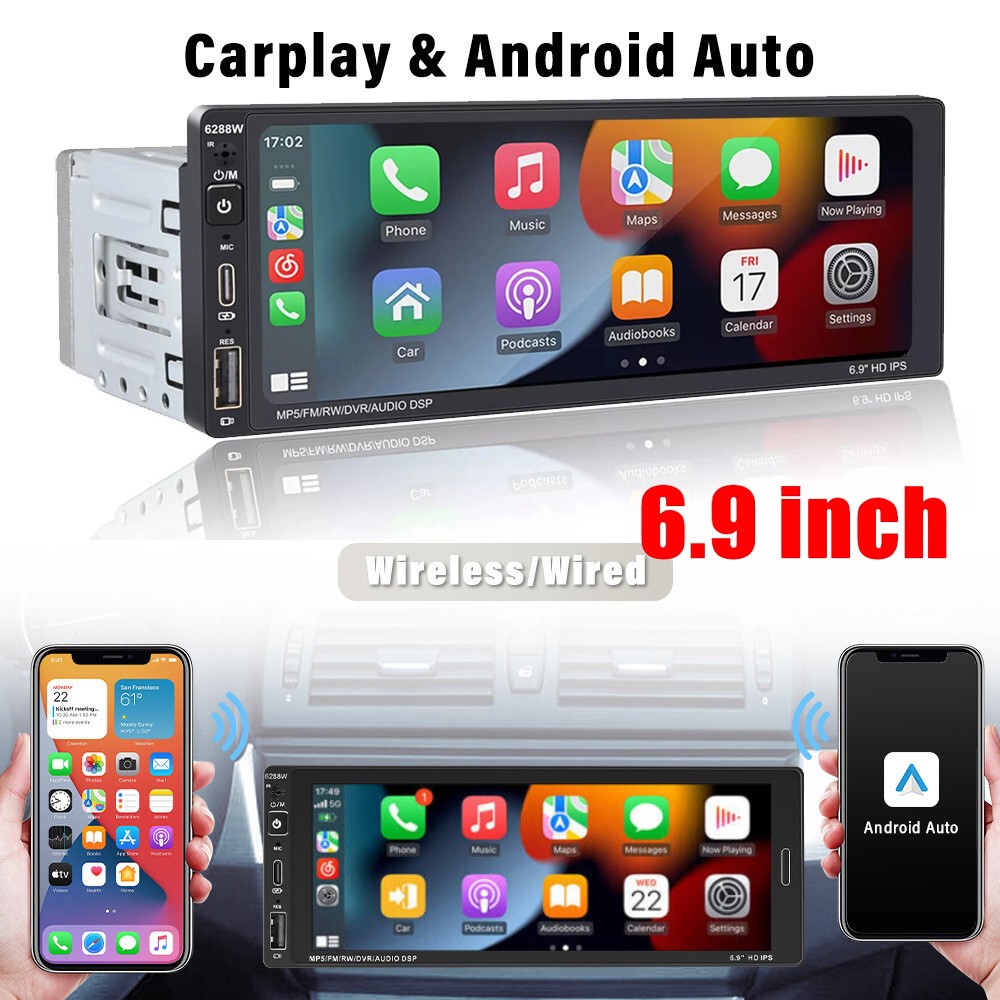 7″ Single 1Din Touch Screen Car Stereo Radio Bluetooth Apple/Android Carplay USB