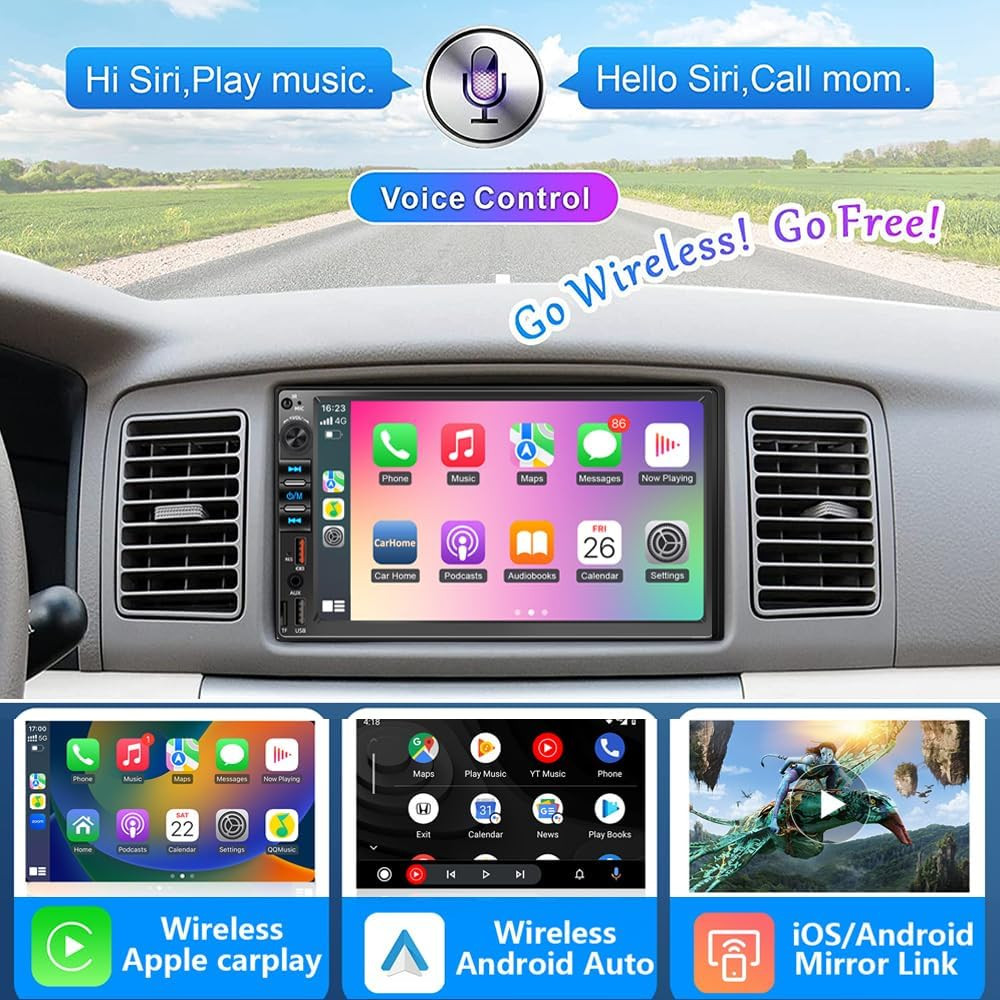 7 Inch Double Din Car Stereo for Wireless Carplay & Android Auto, Car Audio with