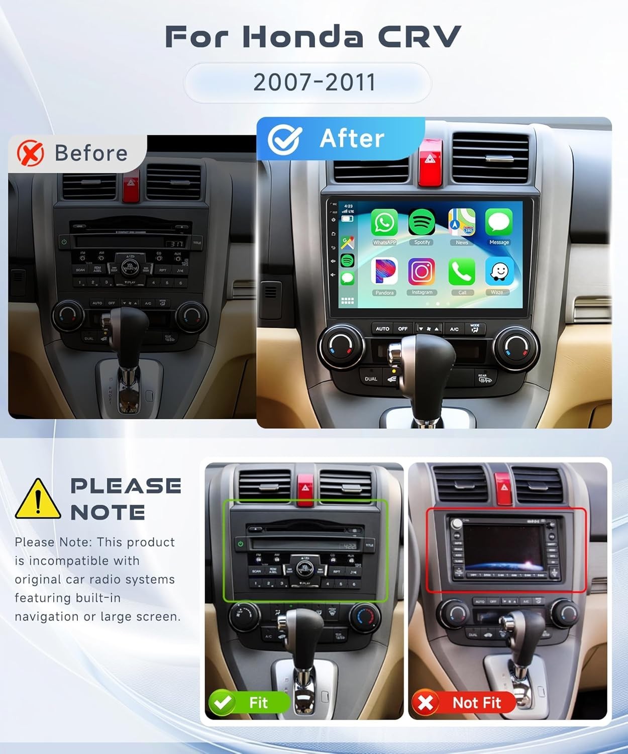 Car Stereo for Honda CRV 2007-2011 w Wireless CarPlay Android Auto 9″ IPS Screen