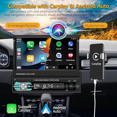 Single Din Carplay Car Stereo with Bluetooth AHD Backup Camera, 7 Inch flip