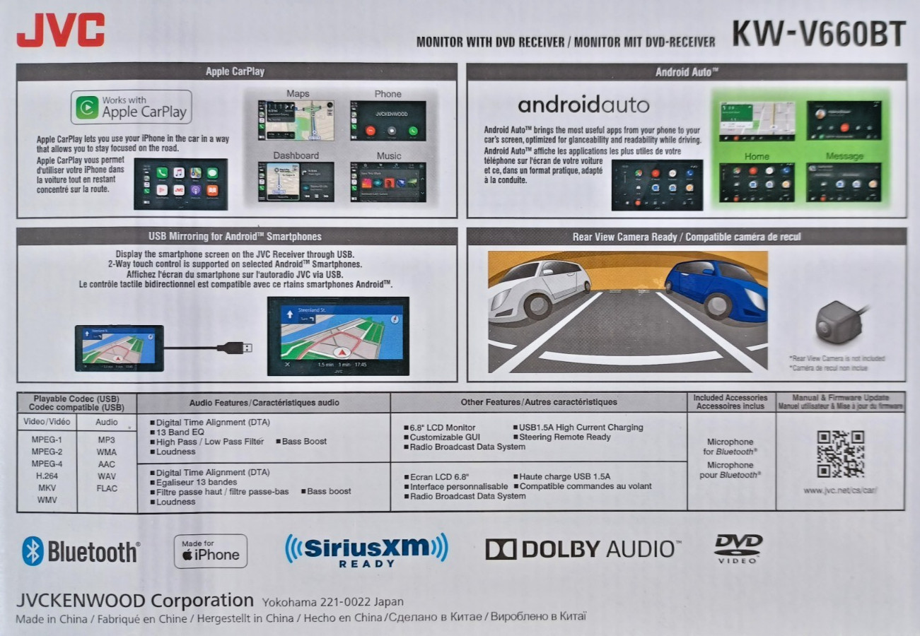 JVC KW-V660BT 6.8 CD/DVD/USB Double Din Apple CarPlay Android Auto Bluetooth mic