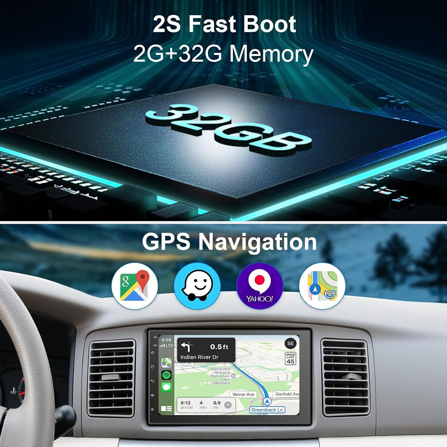 Smart 7″ Car Radio: Wireless CarPlay, Android Auto, 2+32GB, Bluetooth, HD Backup