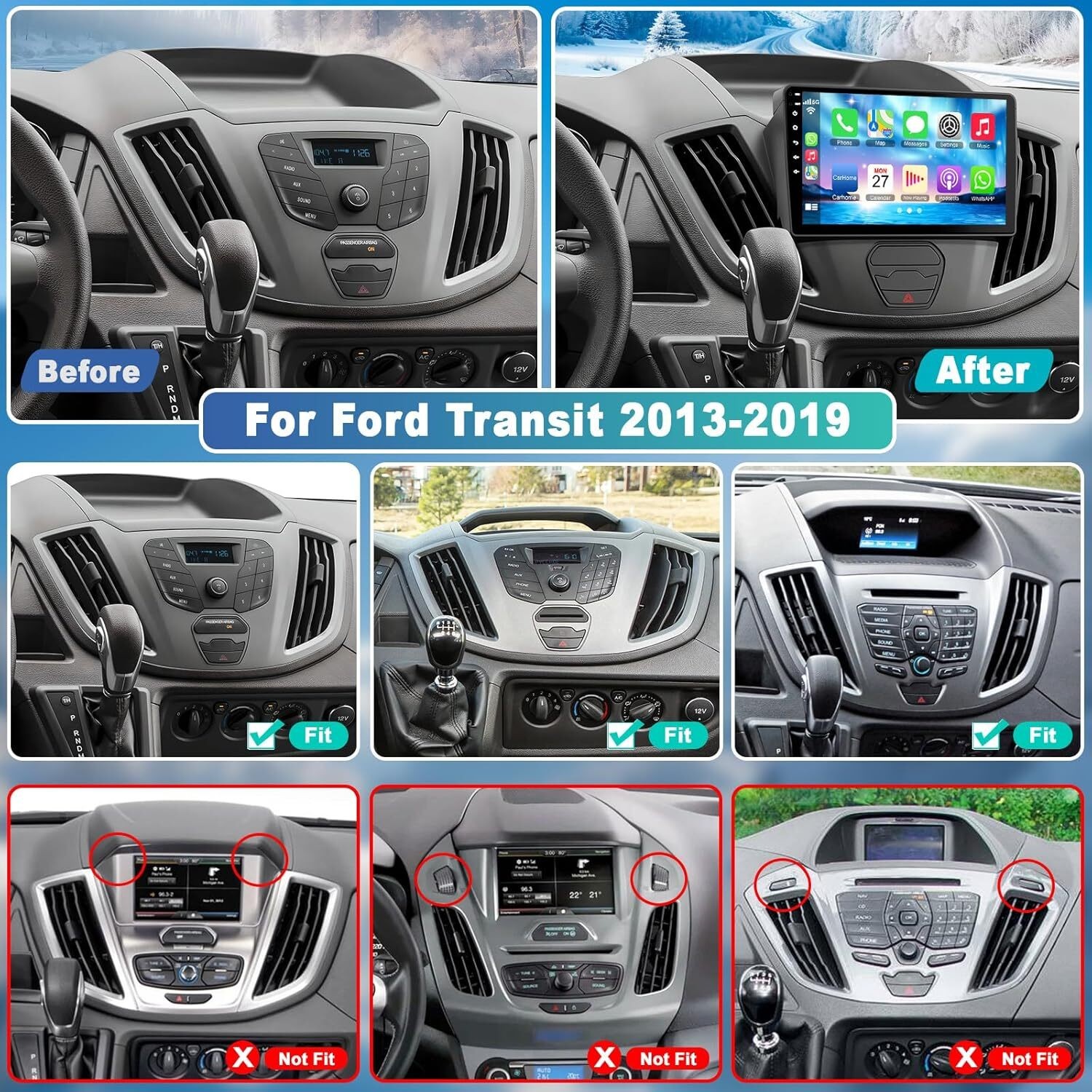 For 2015-2019 Ford Transit Carplay Radio EQ Cam Stereo Backup Cam w/Cam