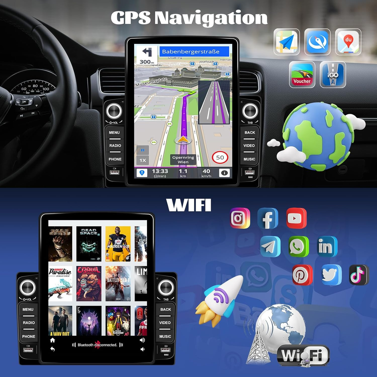 [2+64G] Android 15 Double Din Car Stereo with Wireless Carplay&Android Auto, 9.5