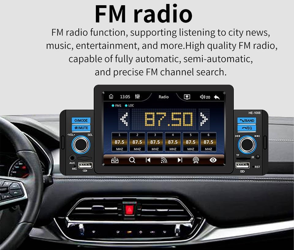 Single Din Car Stereo with Apple Carplay & Android Auto, 5 Inch HD Touch Screen