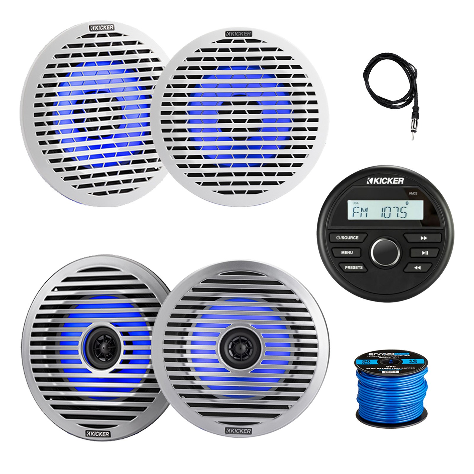 Kicker Marine Gauge Receiver, 4x 6.5″ 130W LED Speakers w/Grilles, Wire, Antenna