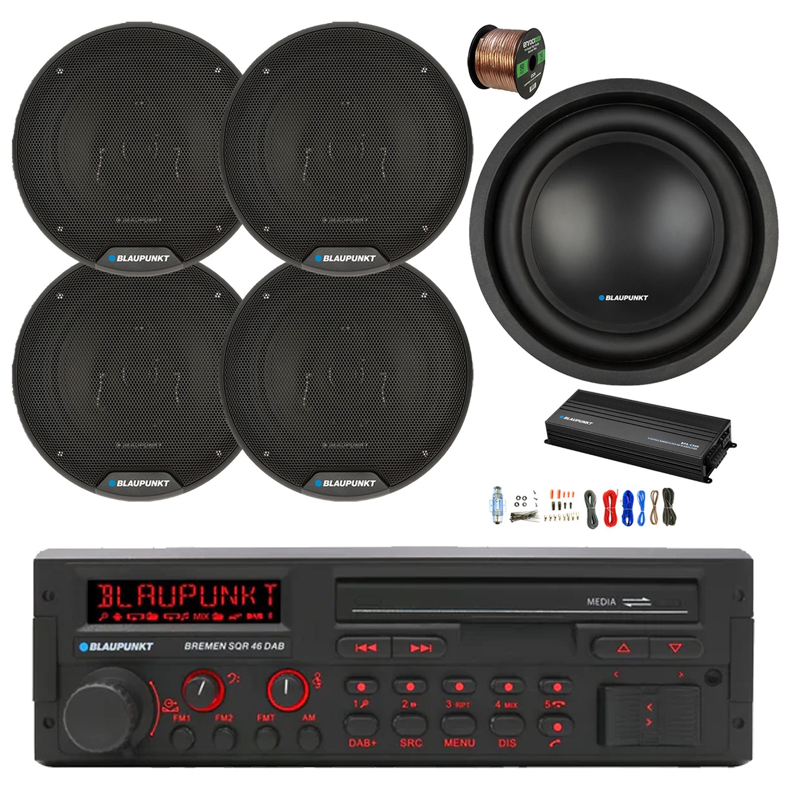 Blaupunkt BREMEN Retro Radio, Amp,Kit, 10″ Sub, 4x 6″ 40W Car Speakers, Wire
