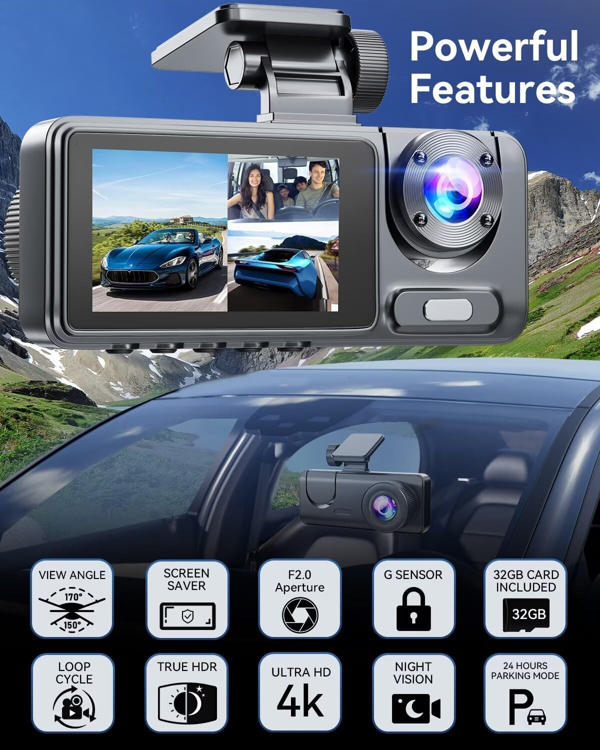 3-Channel 4K Dash Cam Front+Rear+Inside, Built-in 32GB Card, Night Vision