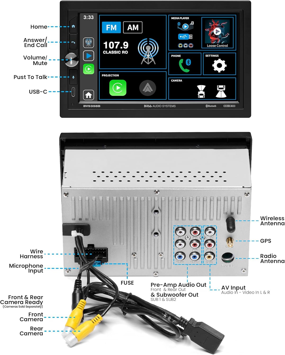 BV9358B Car Stereo – Wireless Carplay Android Auto, Double Din, 7 Inch Touchscre
