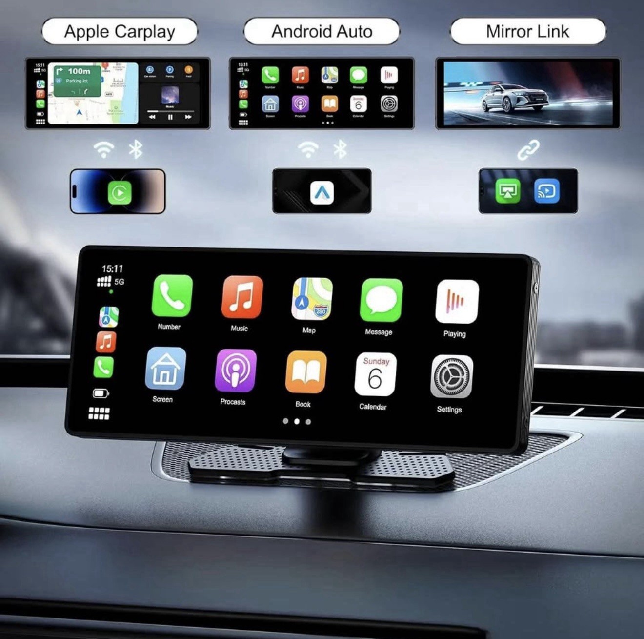 10.26 inch Wireless CarPlay Android Auto Screen Portable Car Stereo 4K Dash Cam