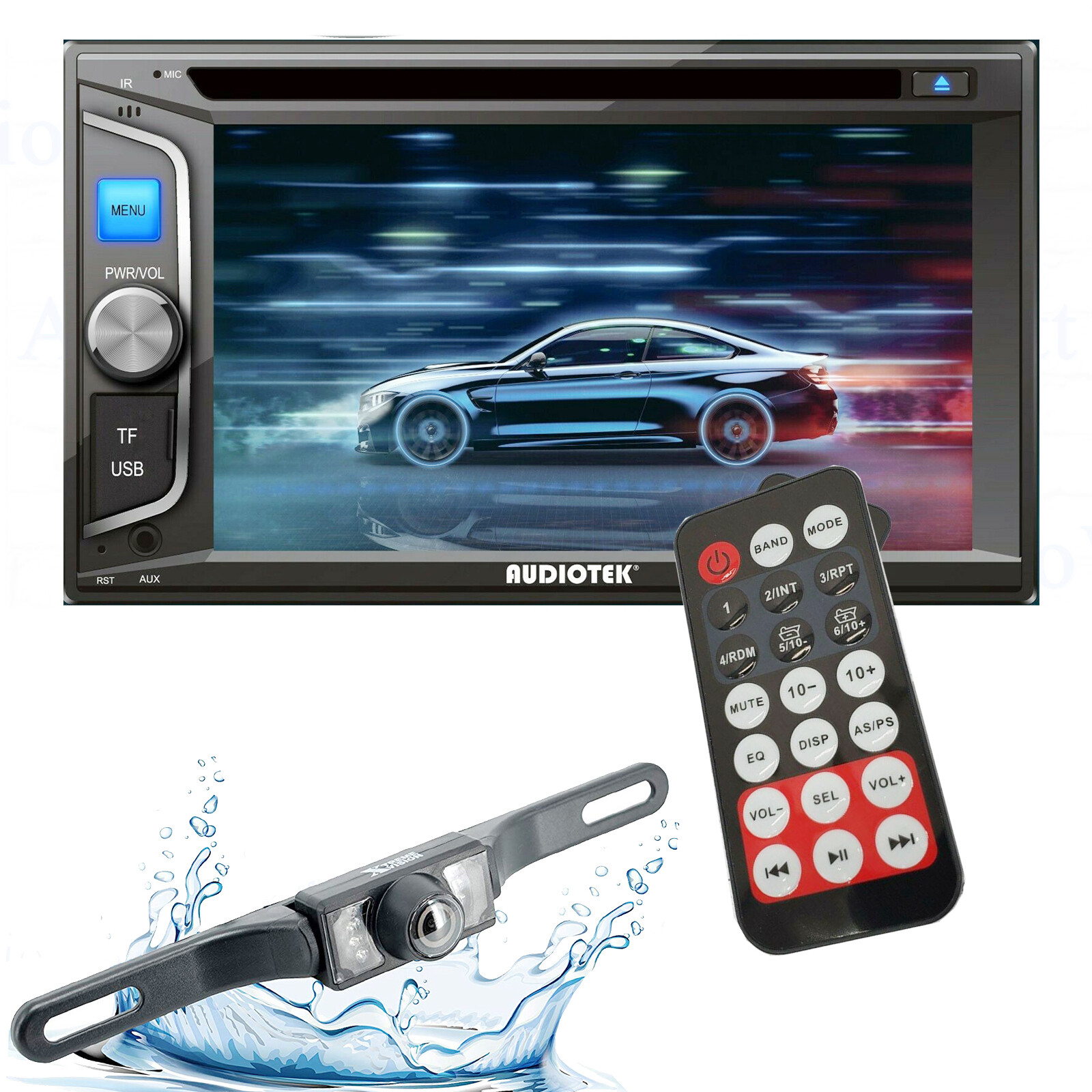 Rear Camera 95BK + Audiotek AT-68BT 2 Dins 6.2″ Touch Screen Player Bluetooth