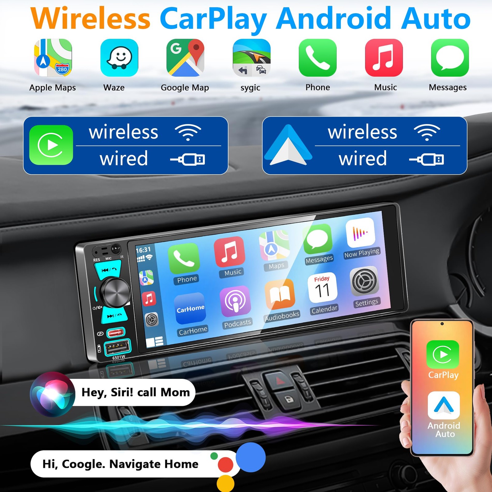 Single Din Radio, 6.5 Inch Touchscreen Car Stereo with Bluetooth Wireless & W…