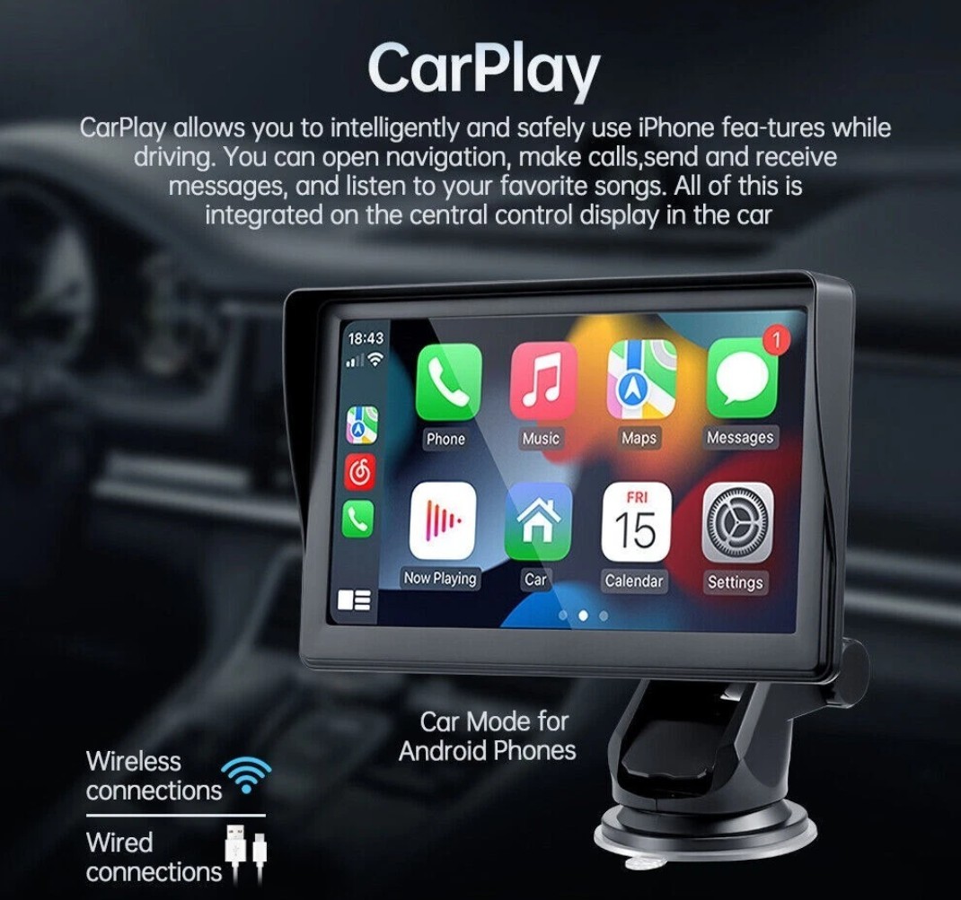 7” Portable Car Stereo Radio Wireless Apple CarPlay Android Auto Backup Camera