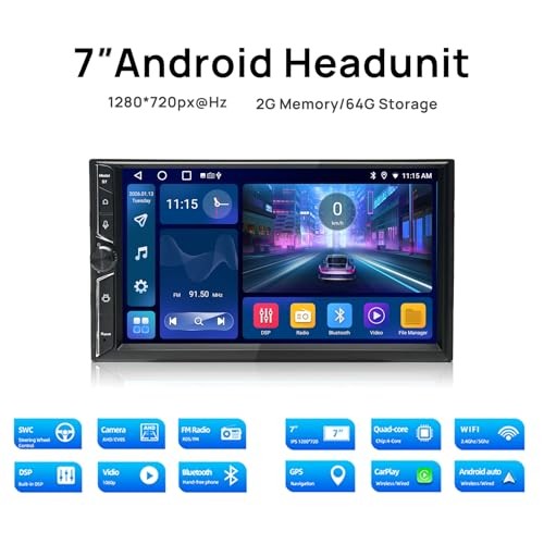 Double Din Car Stereo, 7″ QLED Touchscreen 1280×720, 2GB RAM 64GB ROM,
