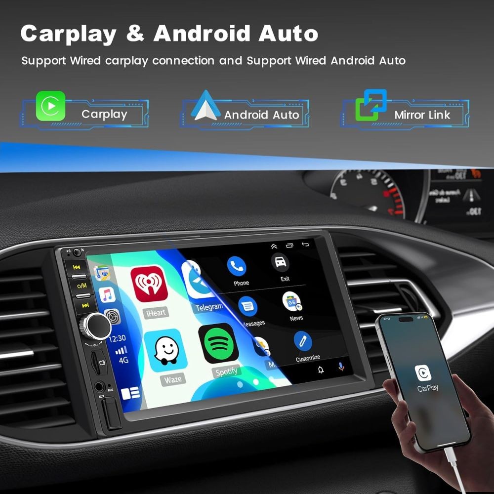 Double Din Car Stereo Radio Apple Carplay Android Auto Bluetooth 7″ Touch Screen