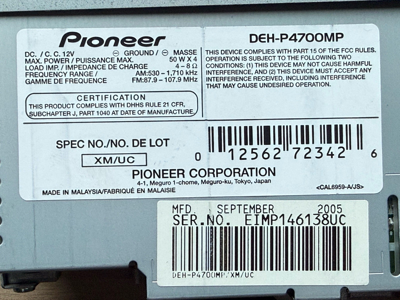 PIONEER BLUETOOTH CAR AUDIO STEREO CD OLD SCHOOL DEH-P4700MP EQ SUB VINTAGE RARE