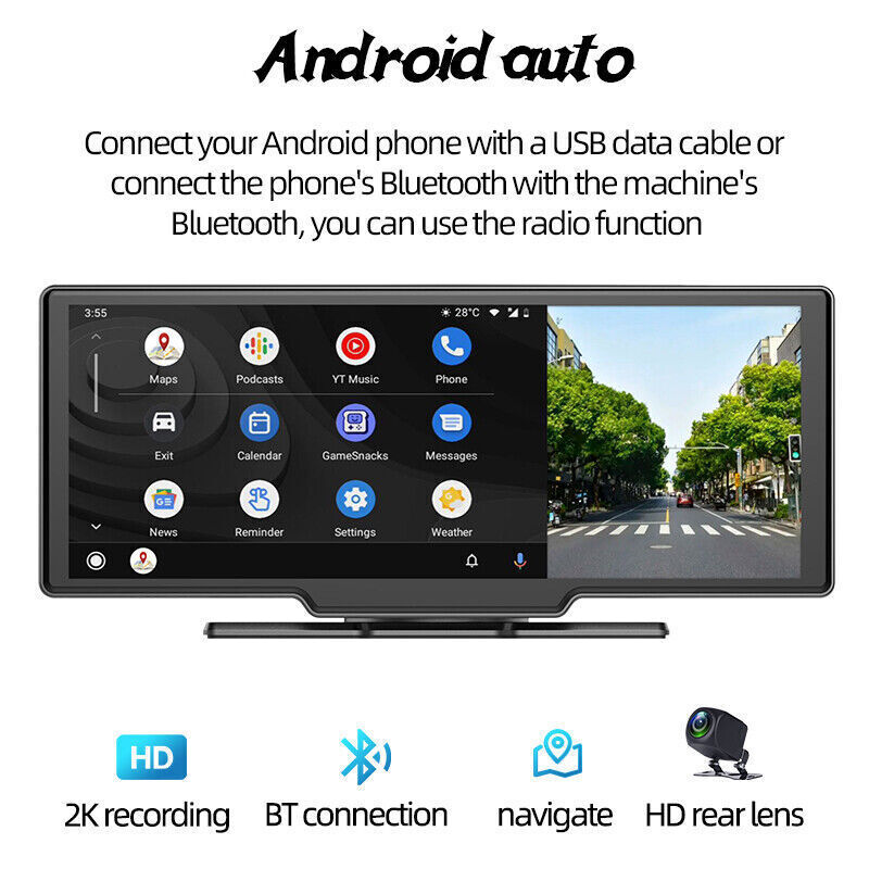 Portable 10″Car Stereo Wireless Carplay Android Auto Player Multimedia Bluetooth