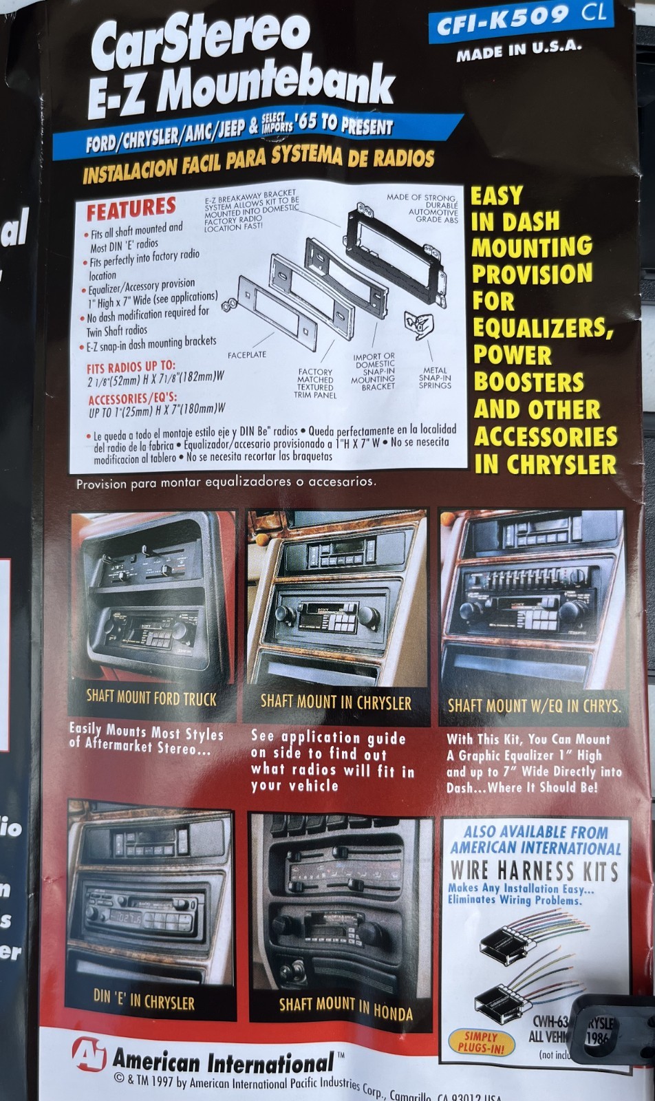 Aiwa Car Stereo/Cassette Player; Mopar & Other Mtg Brackets; Detachable Face