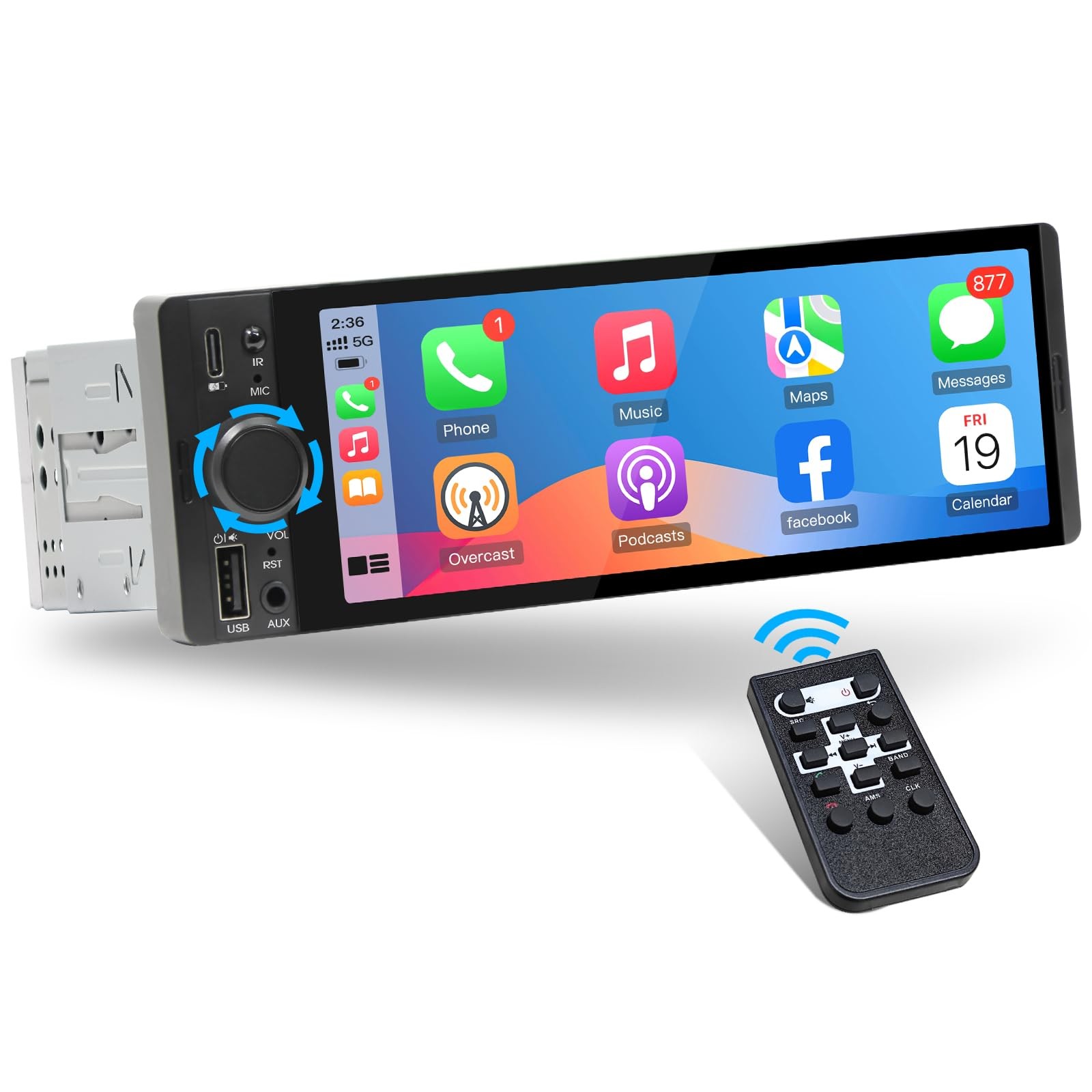 SOUNDKITS Single Din Car Radio with CarPlay: Bluetooth 6.5 Inch, Black