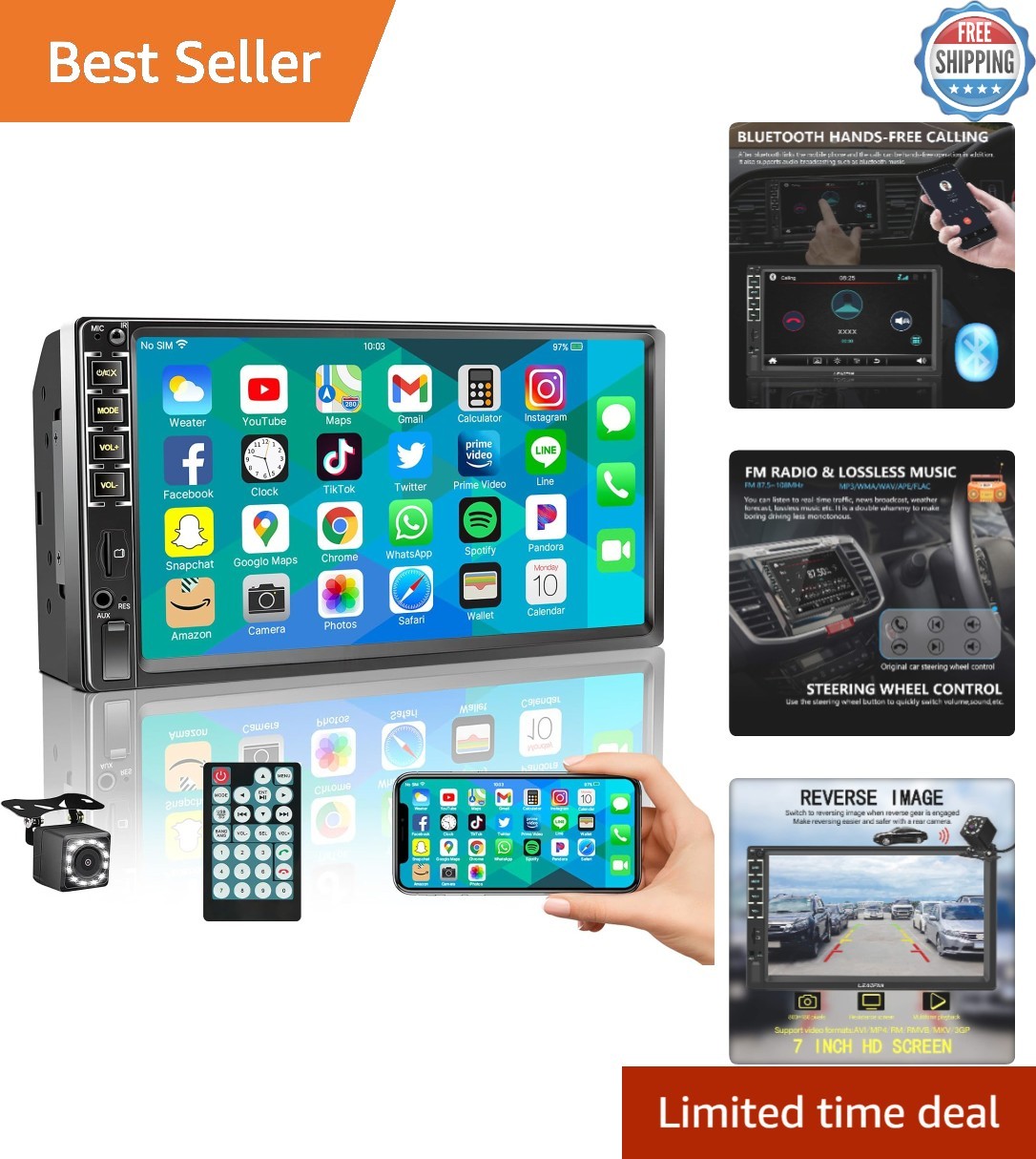 7-Inch Double Din Touchscreen Car Stereo with Bluetooth and Backup Camera