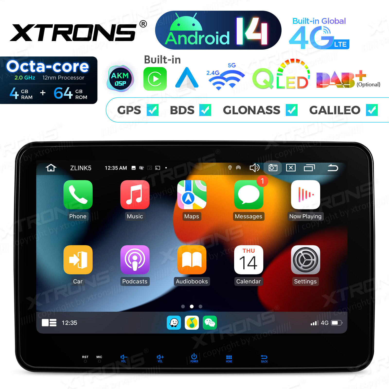 XTRONS 2-DIN 10.1″ Android 14 Car GPS Stereo 8-Core 4+64GB Radio BT5.0 WiFi 4G