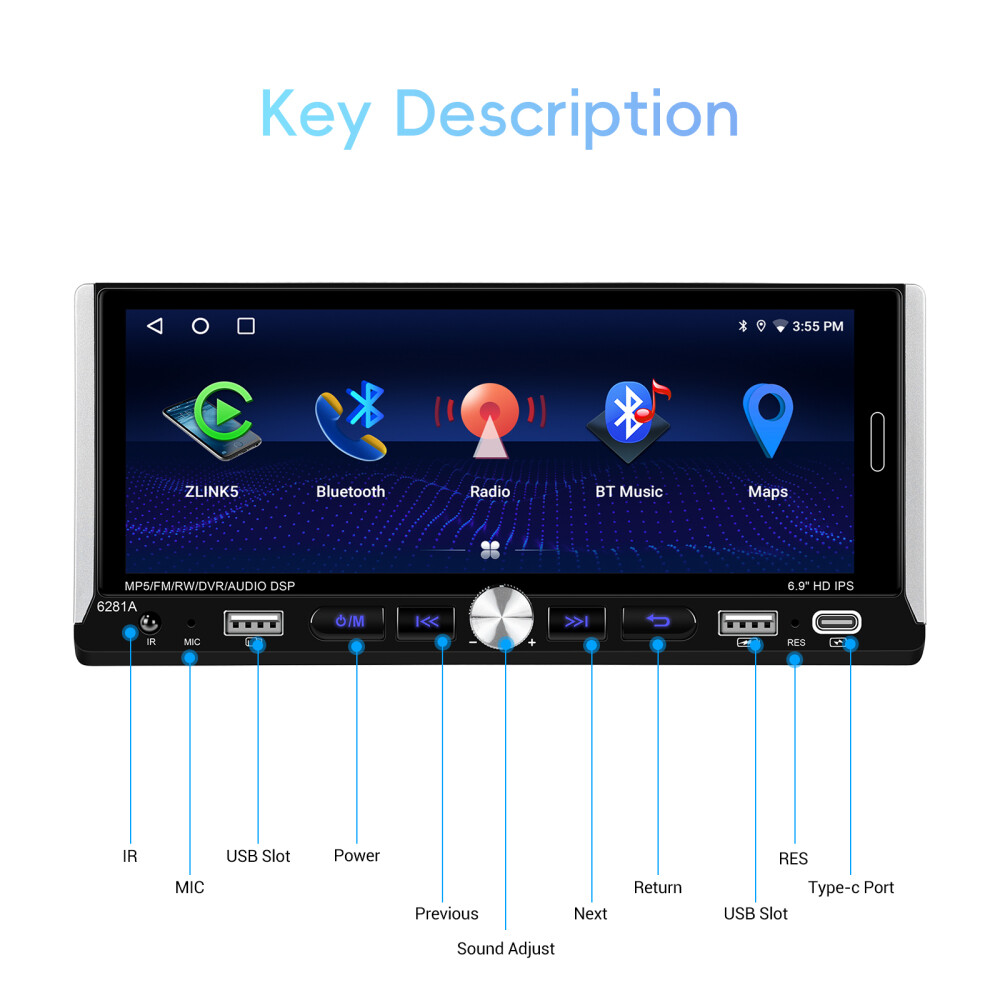 Single 1 DIN Car Radio GPS NAVI Carplay 6.9 Inch Stereo Player Android 15 2+64G