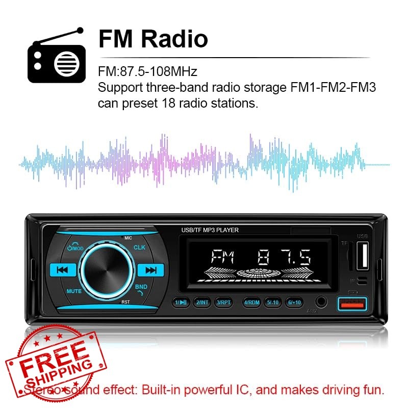 iAmotus 1 DIN Car Stereo Bluetooth FM MP3 7-Color