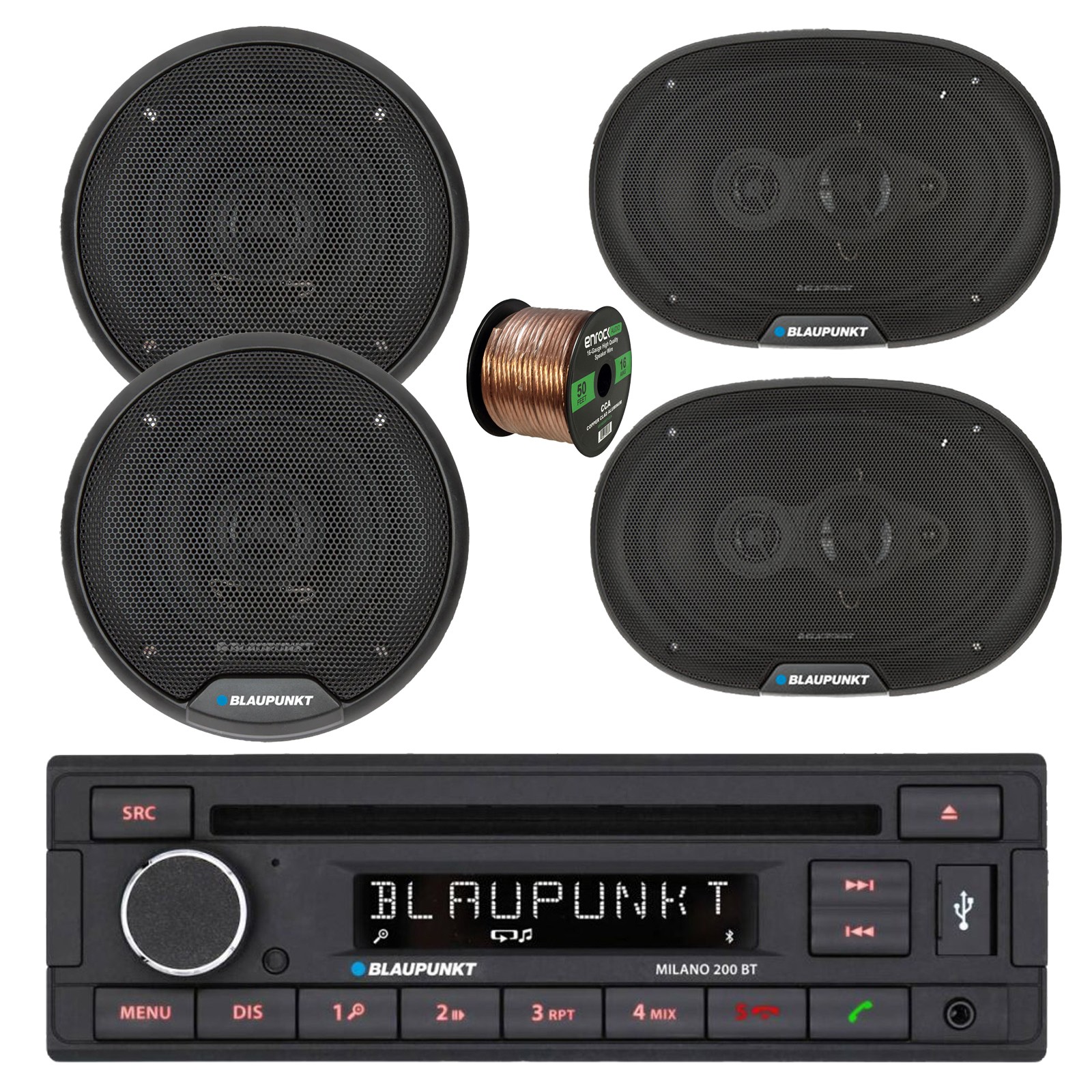 Blaupunkt Milano 200 BT Bluetooth CD Receiver, 2x 6″ + 2x 6×9″ Speakers w/Wire