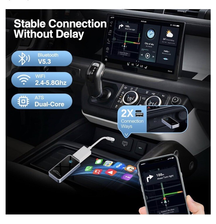 Wireless CarPlay Adapter for Apple – 2024 Slim Edition Plug & Play Connection…