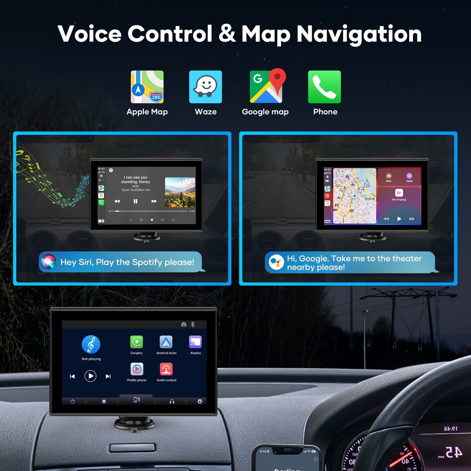 Portable Car Stereo 7 Inch Touch Screen Wireless CarPlay Android Auto Display