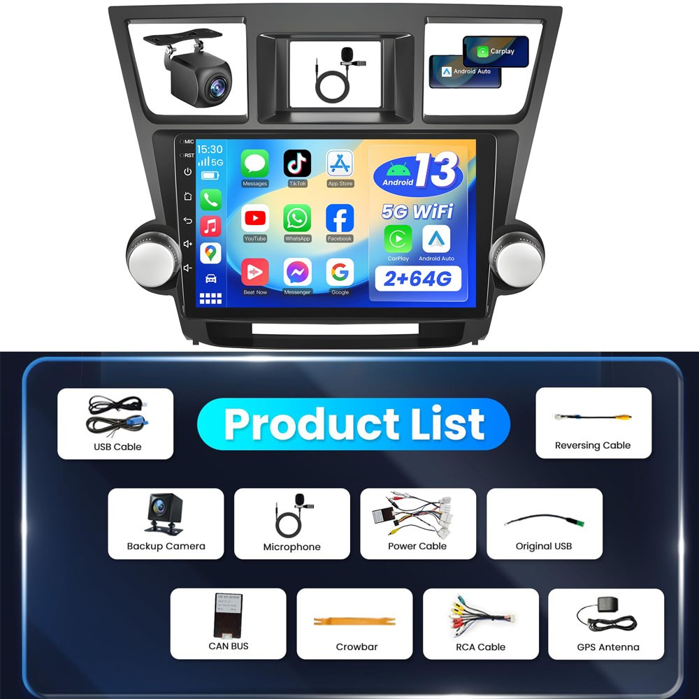 Radio Carplay For 2008-2013 Toyota Highlander EQ Cam FM RDS Backup Cam Head Unit