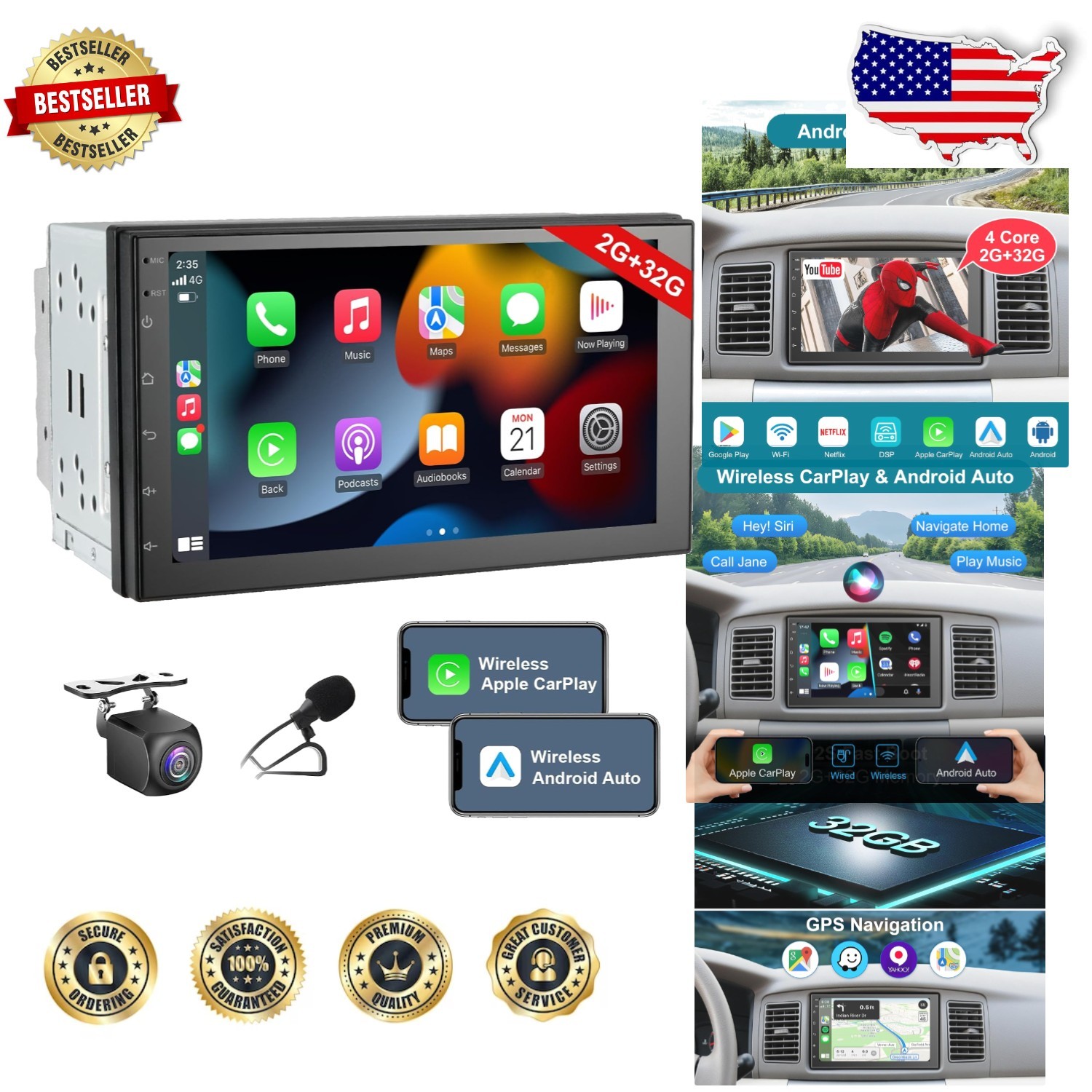 Smart 7″ Car Radio: Wireless CarPlay, Android Auto, 2+32GB, Bluetooth, HD Backup