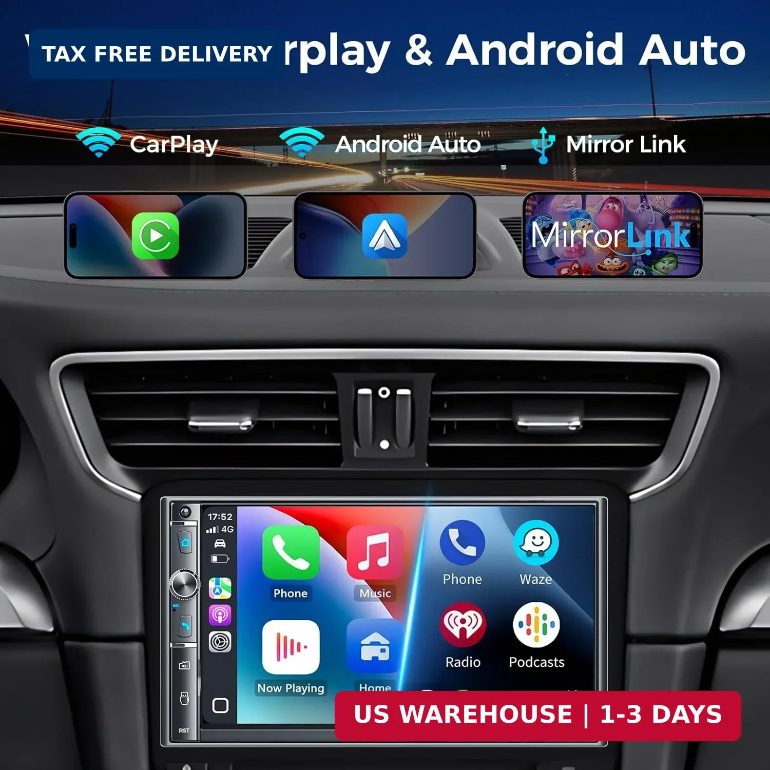 Double Din Car Stereo with 7″ HD Touchscreen, Wireless Apple Carplay & Android A
