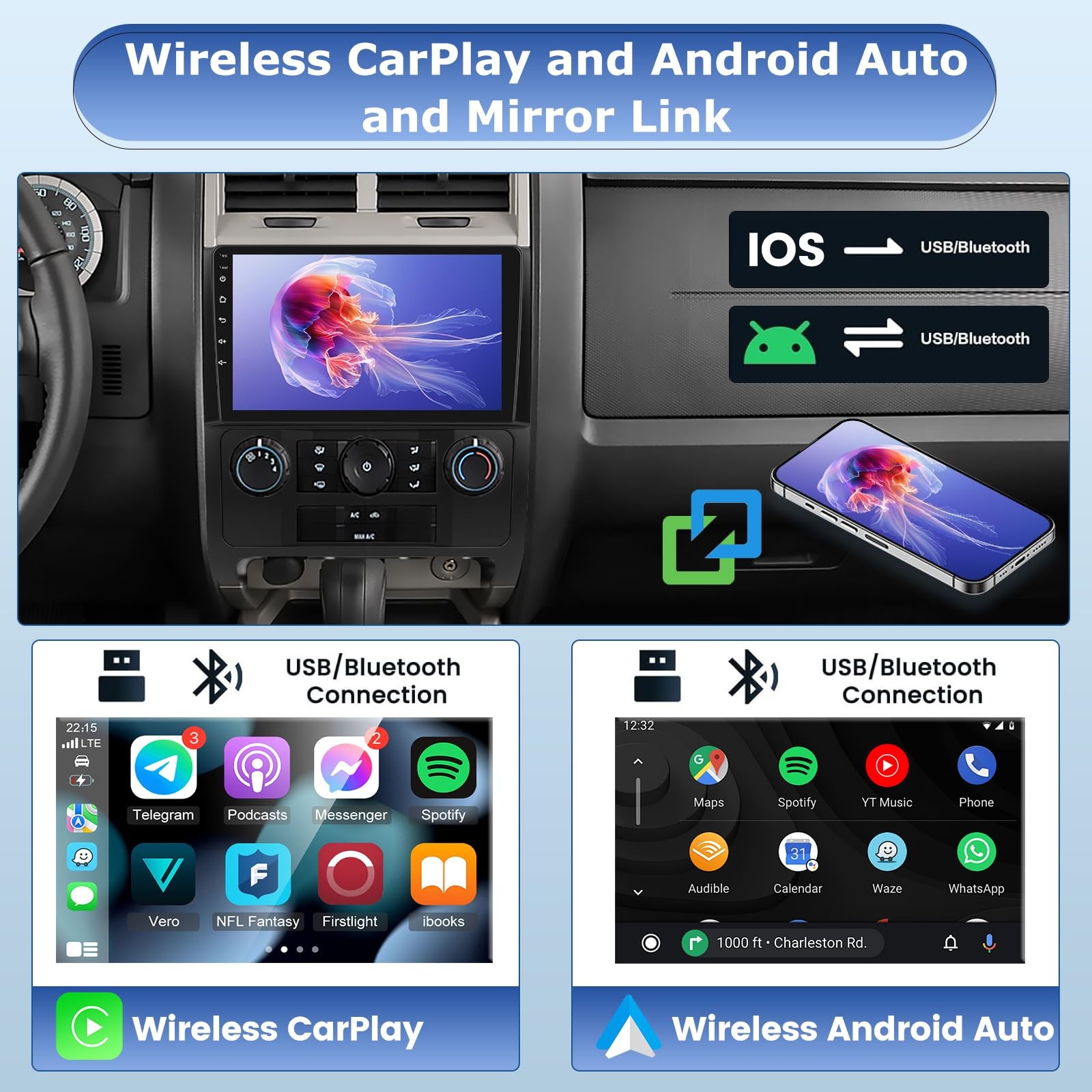 9″ Touchscreen Wireless Carplay Android Auto Stereo for 2007-2012 Ford Escape