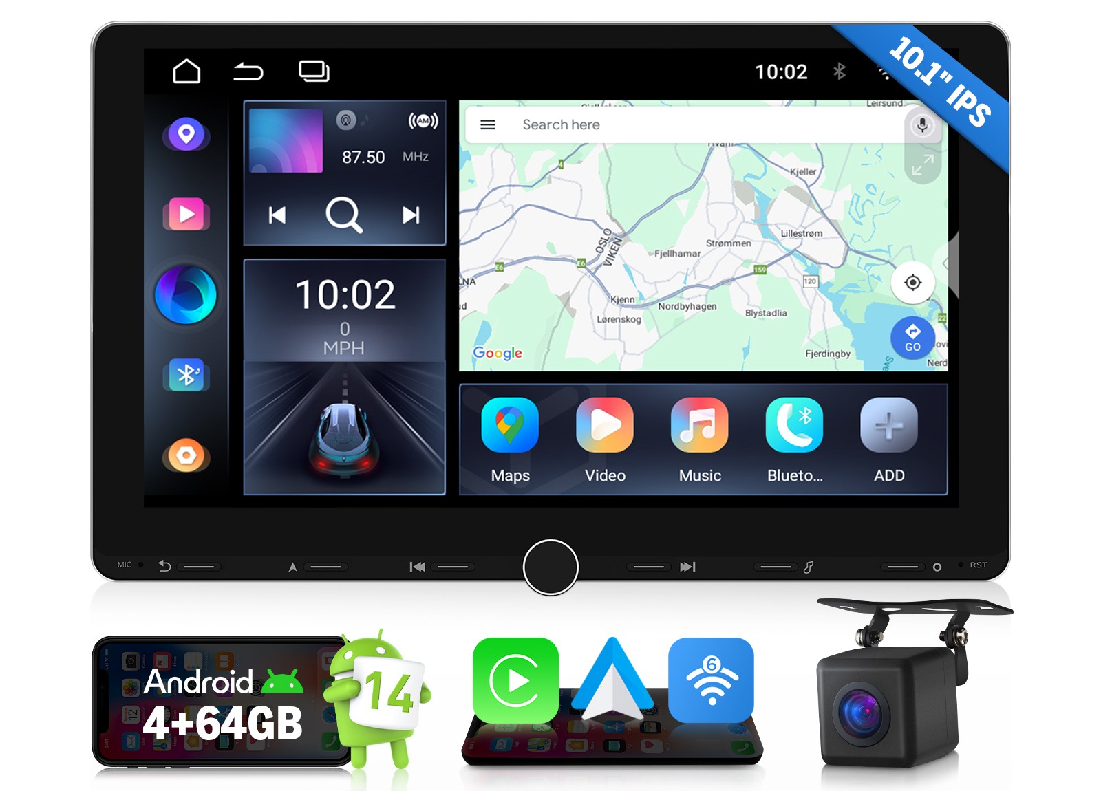 GPS Navigation Android 14 10.1″ IPS Double DIN Car Stereo Apple CarPlay HeadUnit