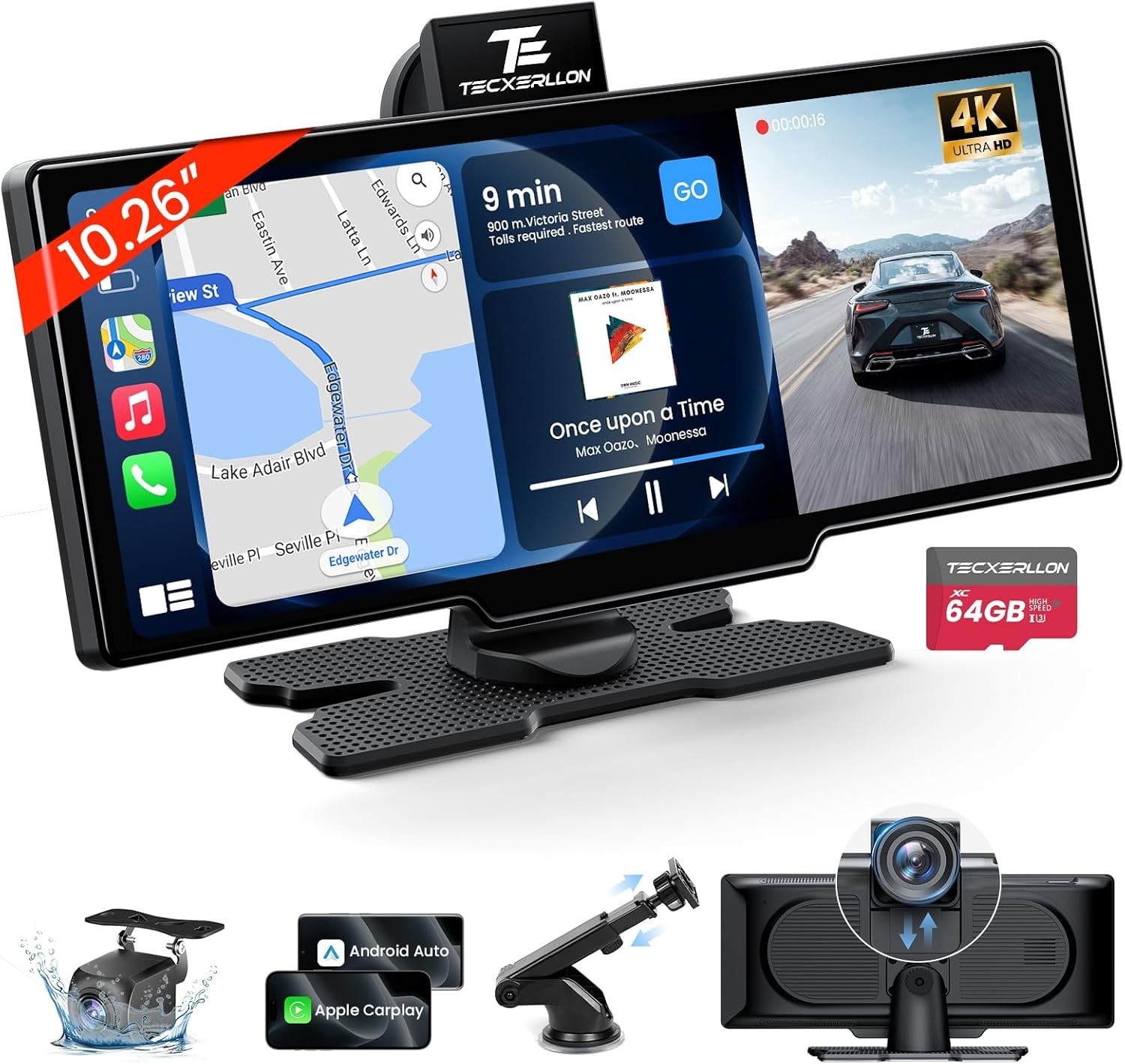 10.26” Wireless Carplay Screen for Car with 4K Dash Cam & 1080P Backup Black