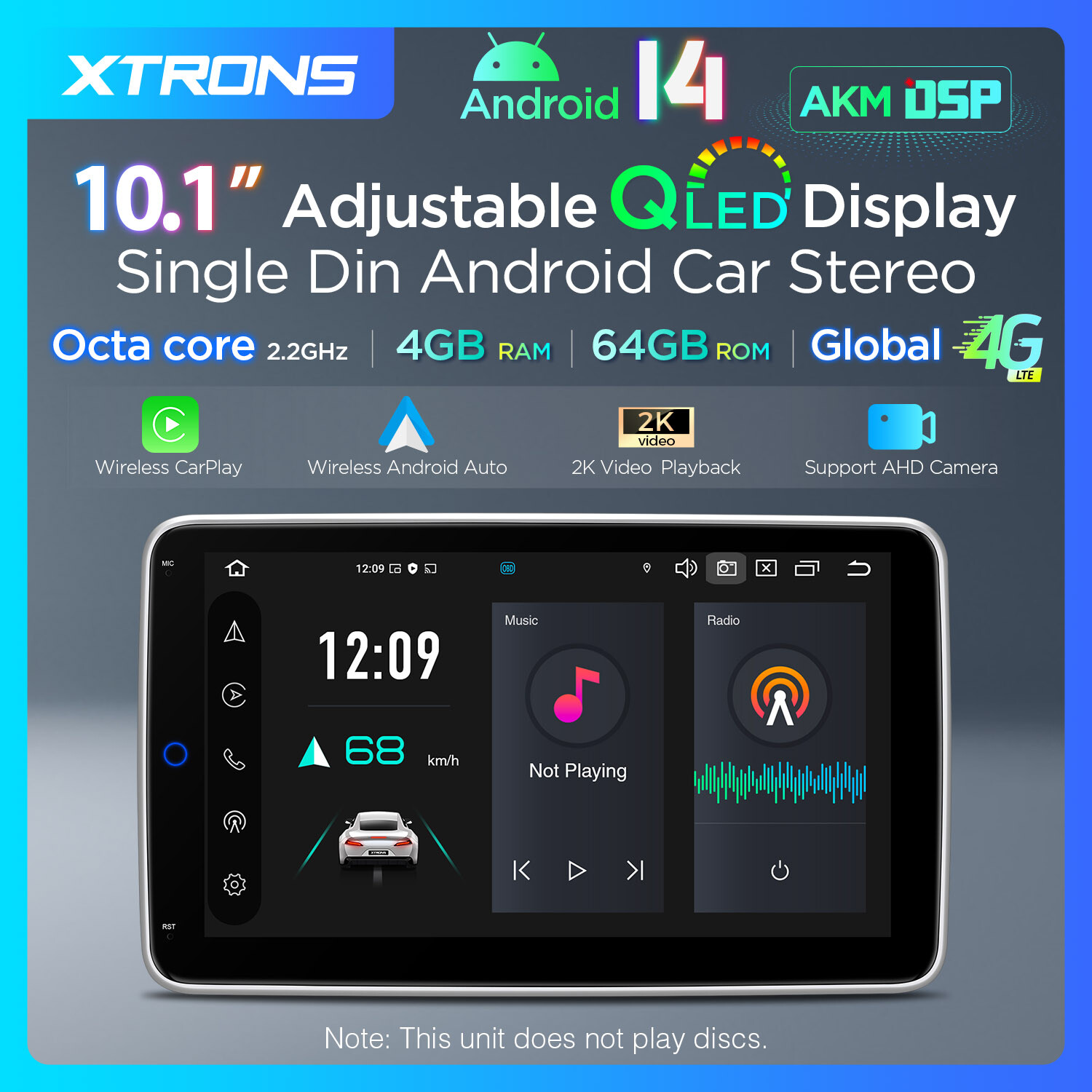 10.1″ Rotatable Screen 1-DIN 8Core Android 13 64GB Car Play Stereo GPS Radio DSP