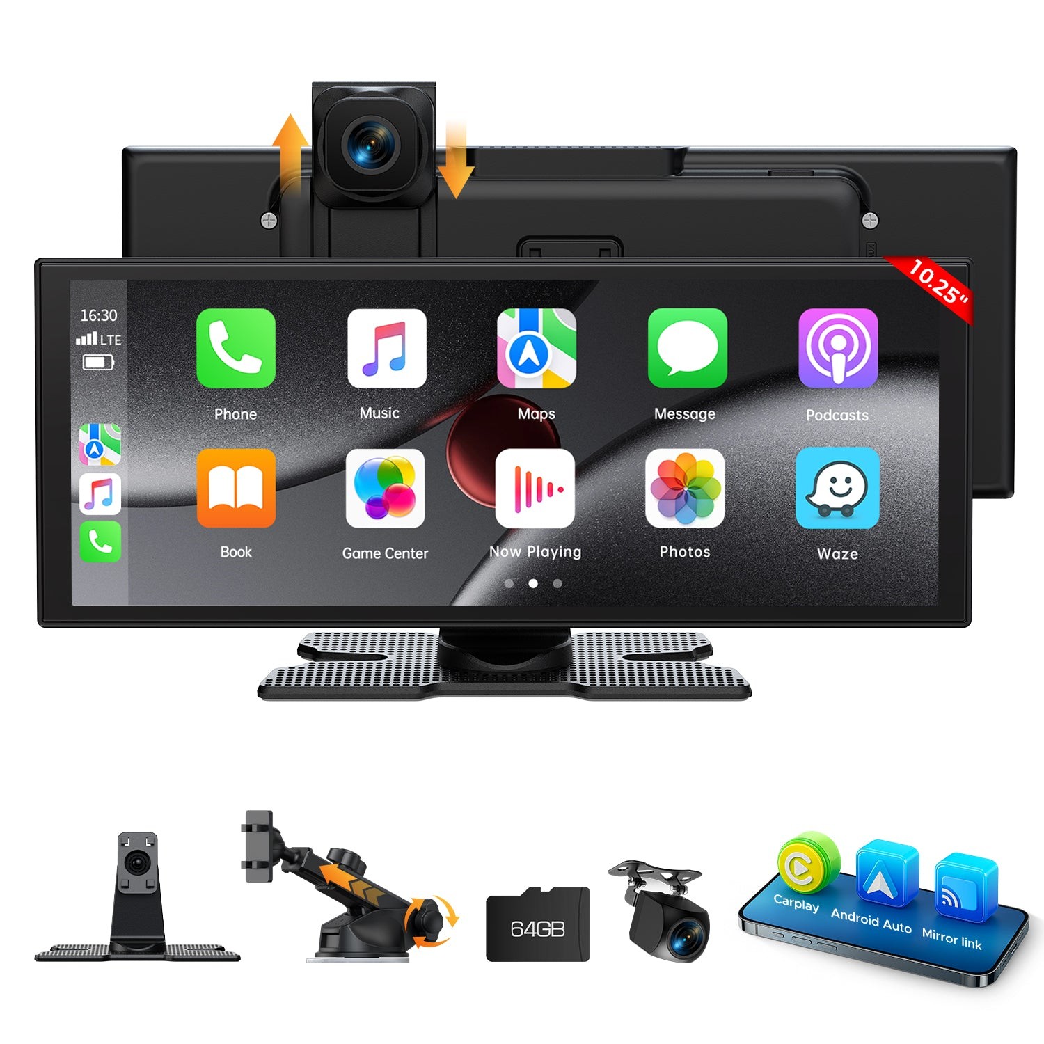 Lamtto 10.25″ 2.5K Dash Cam Car Stereo Radio Wireless CarPlay Android Auto+64GB