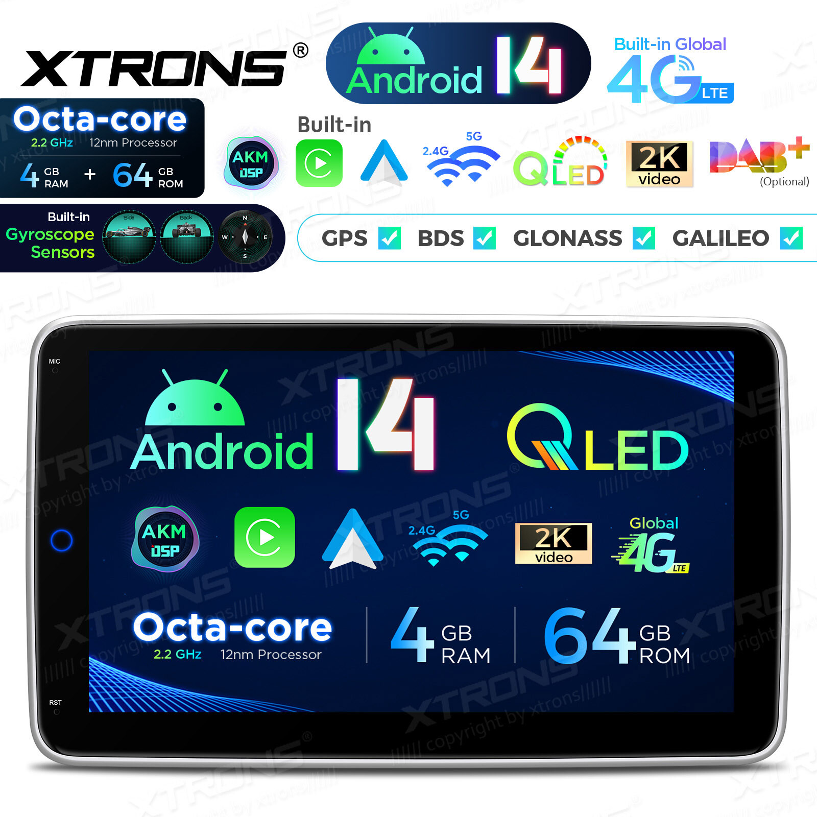 10.1″ Rotatable Screen 1-DIN 8Core Android 13 64GB Car Play Stereo GPS Radio DSP