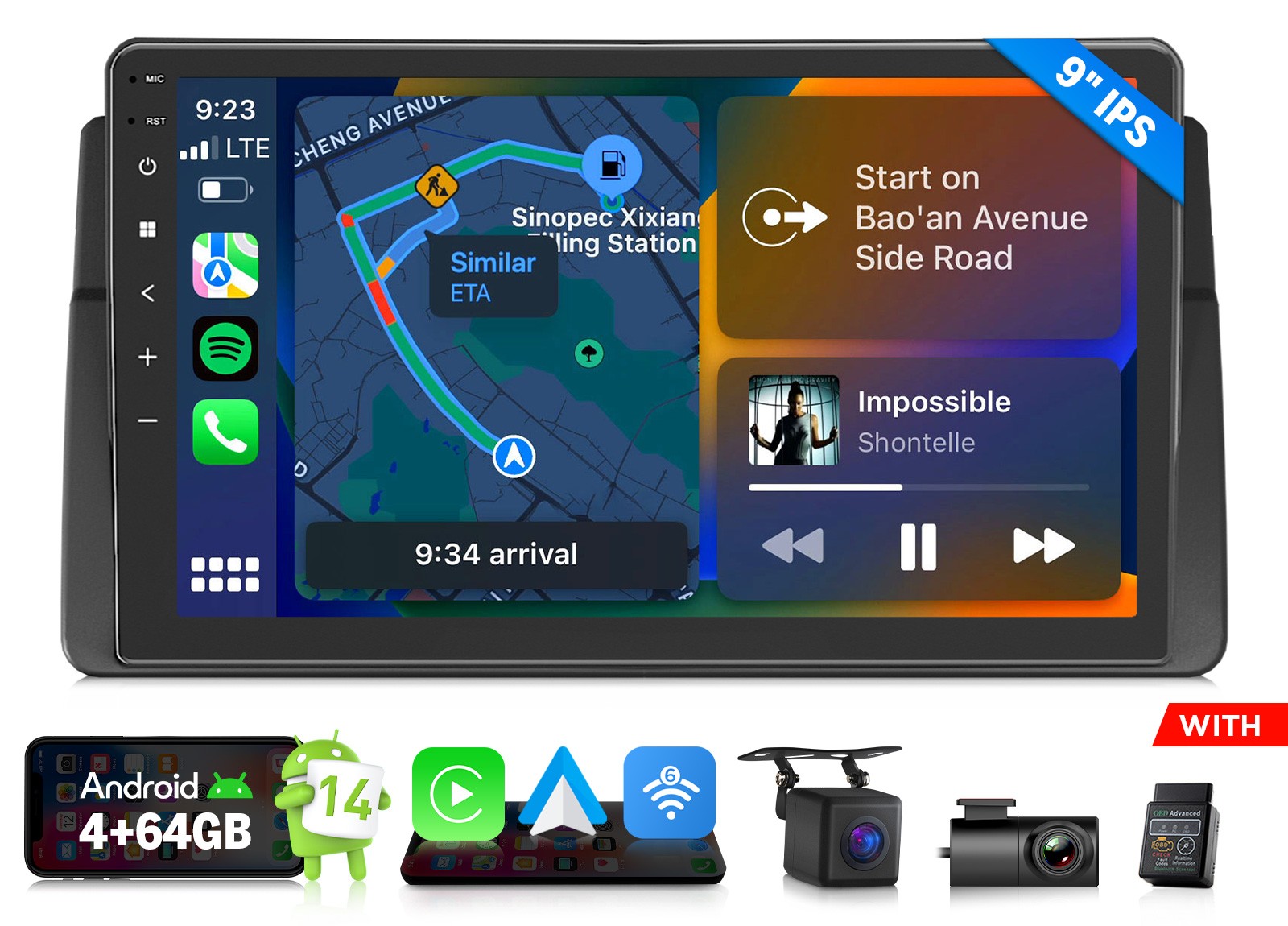 9″Android Auto 14 4+64 Car Stereo Wireless CarPlay DSP Audio for BMW E46 325i M3