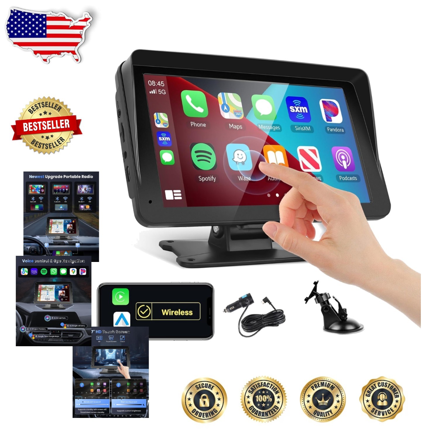 Portable Car Radio 7″ Wireless CarPlay Android Auto Touchscreen Bluetooth