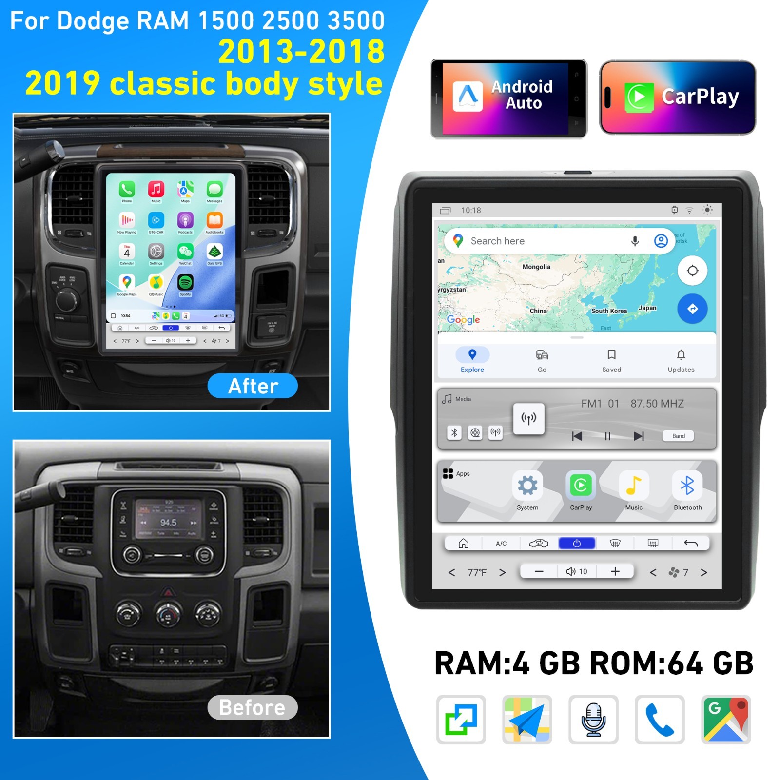 Android 13 Car Radio Stereo Tesla style For Dodge RAM 2013-2018 Carplay GPS Navi