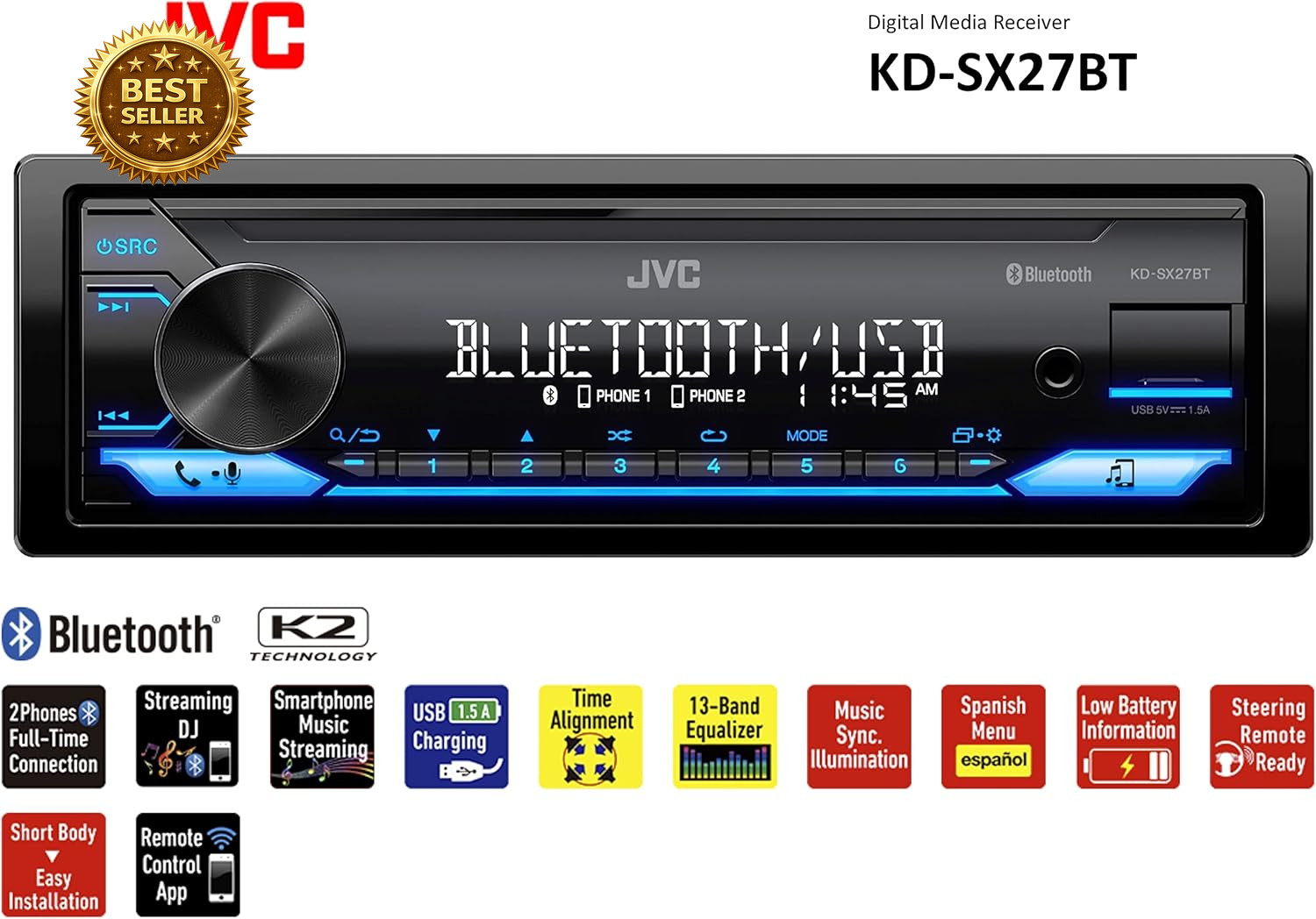 JVC KD-SX27BT Bluetooth Car Stereo Single DIN 100W USB AUX FM AM Receiver