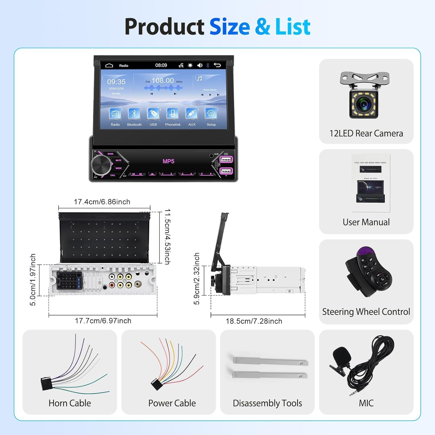 Radio estéreo para coche 1 DIN, pantalla táctil abatible, reproductor MP5,USB,BT