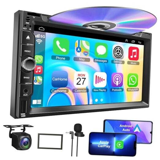 Double Din car Stereo with CD/DVD Player- 7 Inch wire carplay with CD/DVD
