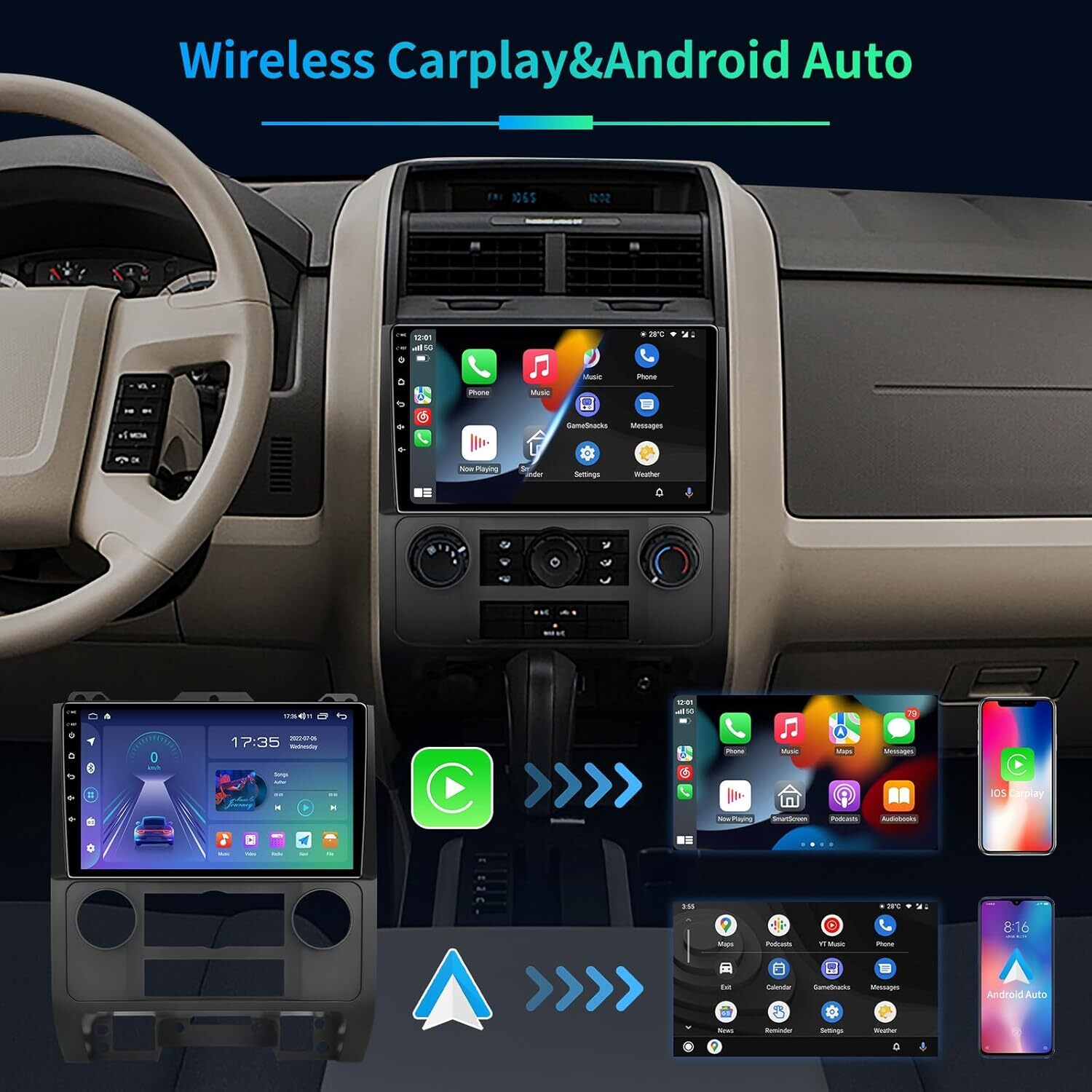 Android 13 Wireless Carplay Car Radio Stereo GPS Navi For Ford Escape 2008-2012
