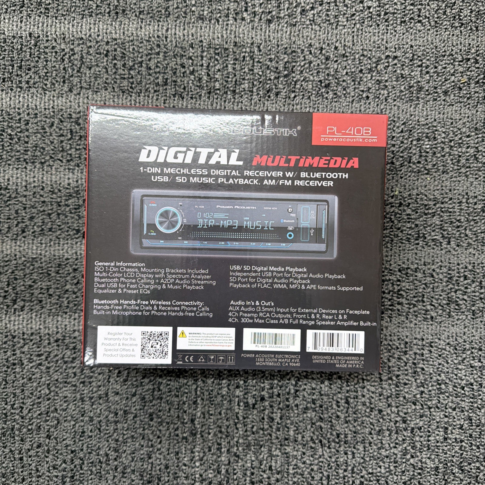 Power Acoustik PL-40B 1-DIN Bluetooth Digital Media Receiver w/ Dual USB Ports
