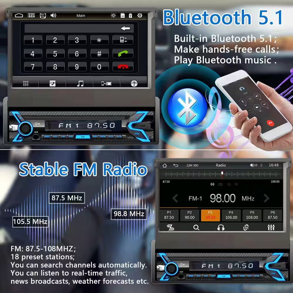 Single Din Car Stereo 7 In. Flip Out Touchscreen Radio Compatible with Apple Car