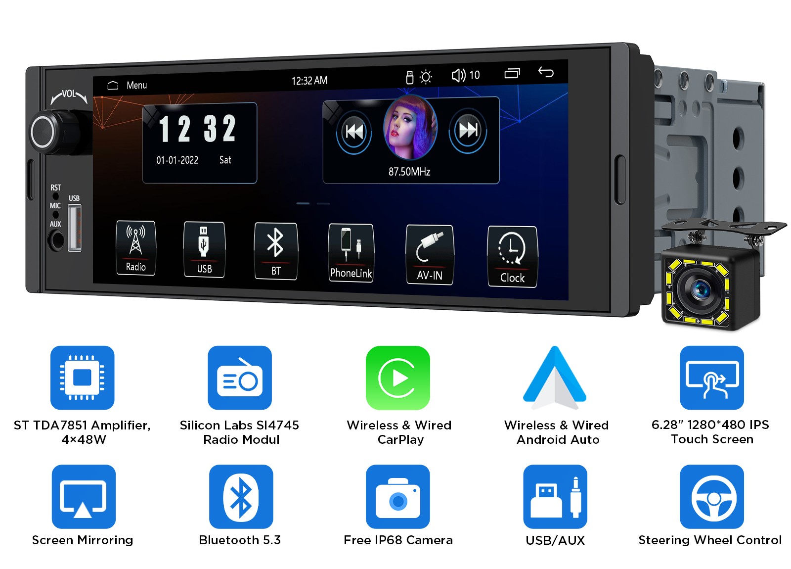 1DIN Android Auto 6.28″ IPS Car Stereo Wireless CarPlay GPS Sat Nav Touch Screen